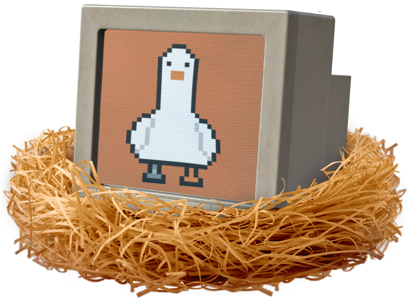 An old, grey tv sitting in a large orange nest. The screen is pixelated and translucent.